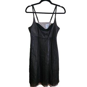 Garnet Hill 100% Silk Black Sequined Underlay Pintuck Slip Dress Size 4